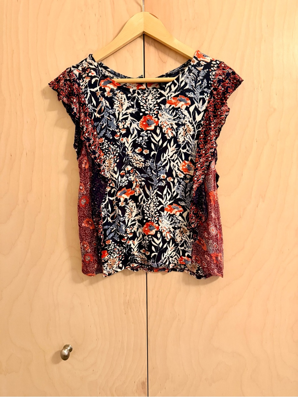 Lucky Brand Navy Flutter Cap-Sleeve Top with Red Floral Print